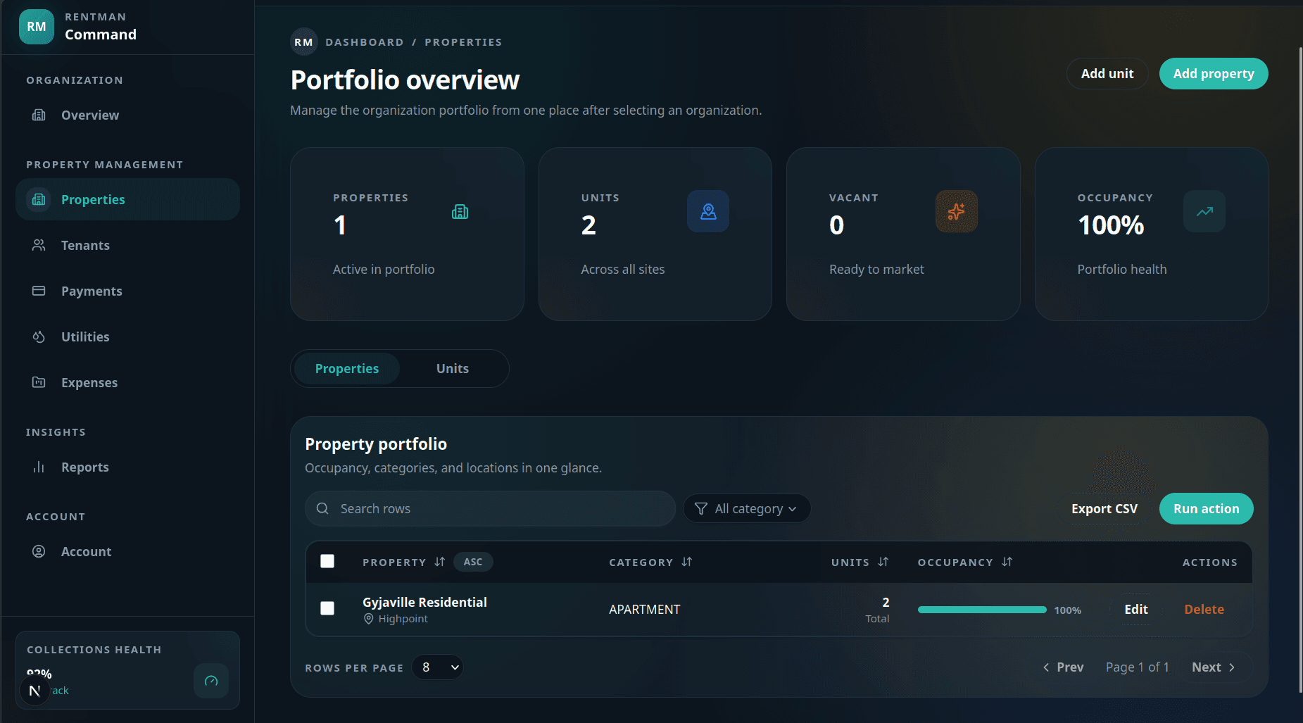 BomaPay dark property management dashboard showing rent, occupancy, properties, and tenant records